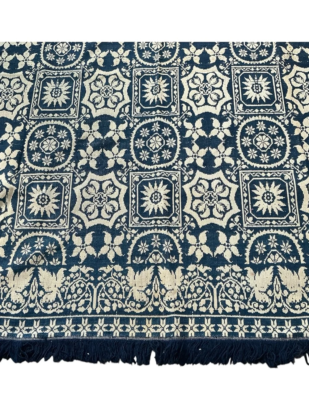Antique Joseph Schnee 1800s woven reversible sunburst coverlet 78 x 86 USA made